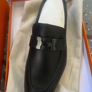 Hermes Black Leather Slip-On Loafer with black H Buckle